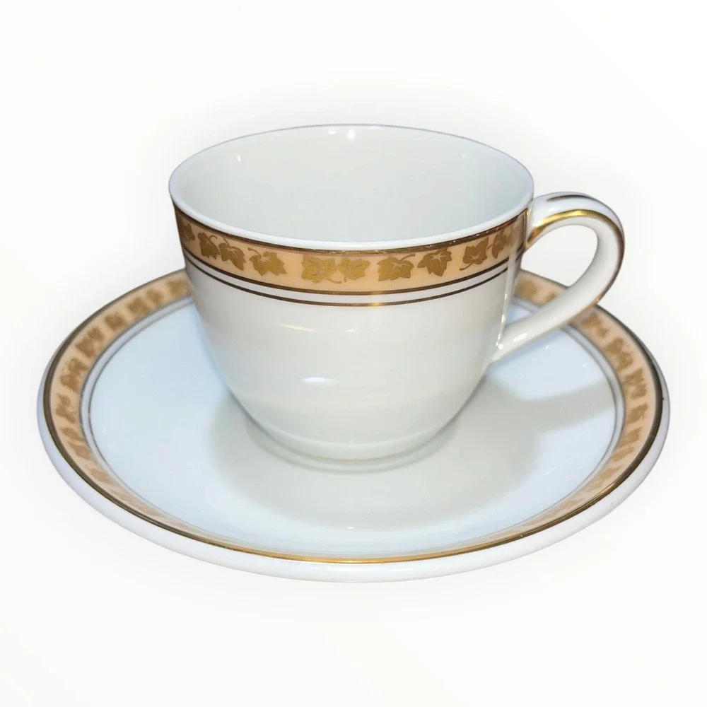 Noritake Gold Ivy Leaf Tea Cup and Saucer Set White Fine China Made in Japan